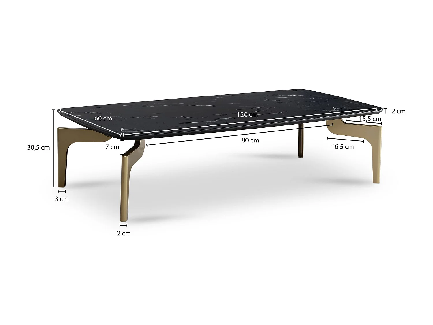 Couchtisch 120x60x30,5 cm mit Hochglanz Marmor Optik Schwarz / Gold, Wohnzimmertisch Rechteckig