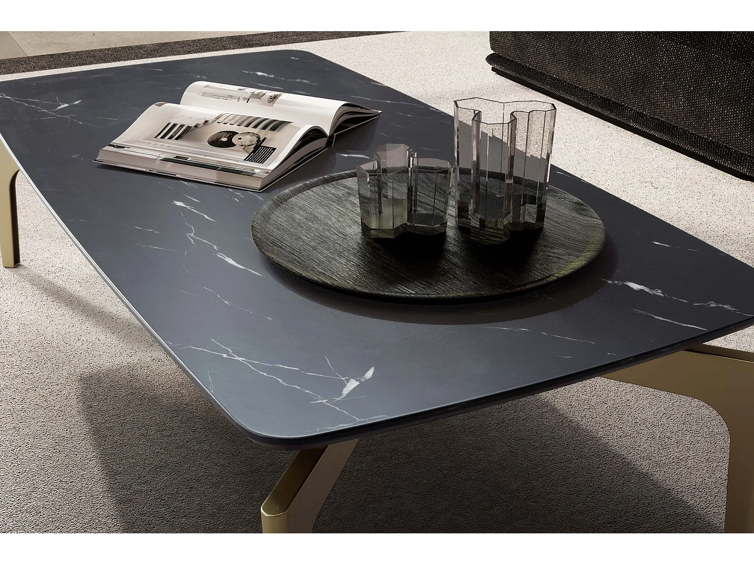 Couchtisch 120x60x30,5 cm mit Hochglanz Marmor Optik Schwarz / Gold, Wohnzimmertisch Rechteckig