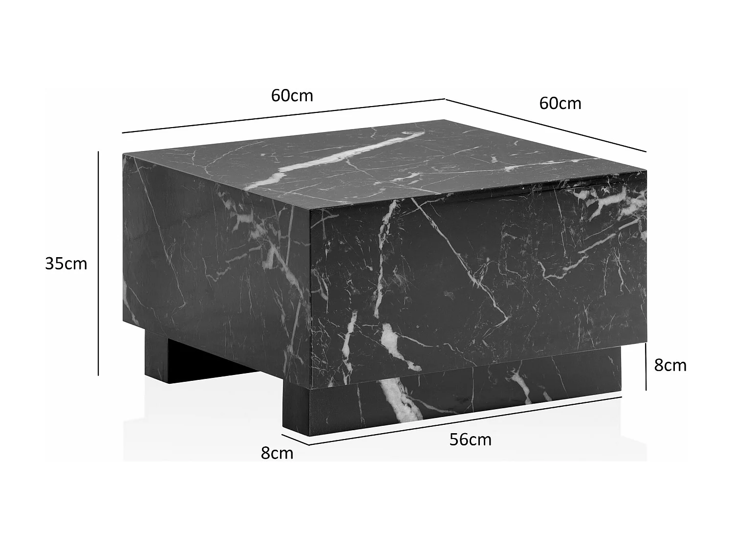 salontafel MONOBLOC 60x60x35 cm zwart hoogglans met marmerlook, woonkamertafel kubus vierkant, design salontafel, lounge salontafel kubusvorm