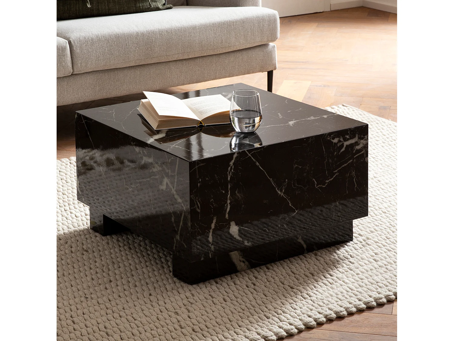 Couchtisch MONOBLOC 60x60x35 cm Schwarz Hochglanz mit Marmor Optik, Wohnzimmertisch Cube