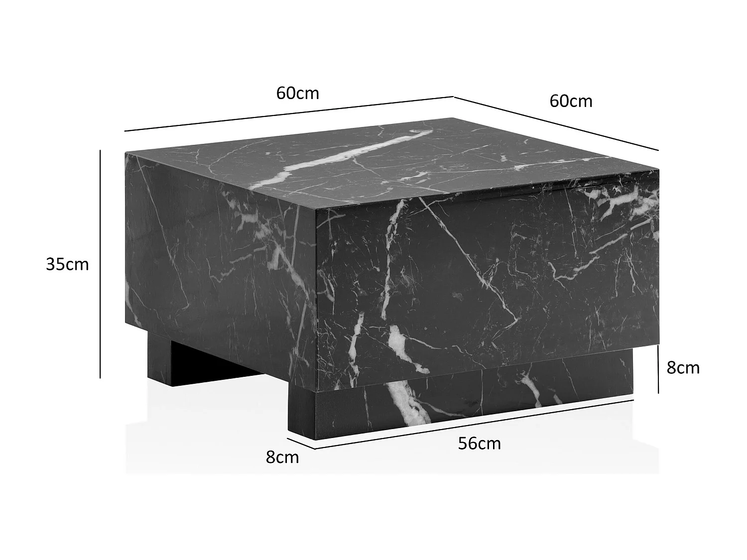 Couchtisch MONOBLOC 60x60x35 cm Schwarz Hochglanz mit Marmor Optik, Wohnzimmertisch Cube