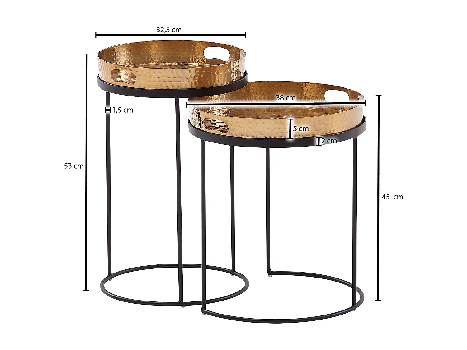 Beistelltisch 2er Set Gold / Schwarz Metall Hammerschlag Satztisch Rund, Couchtisch abnehmbares