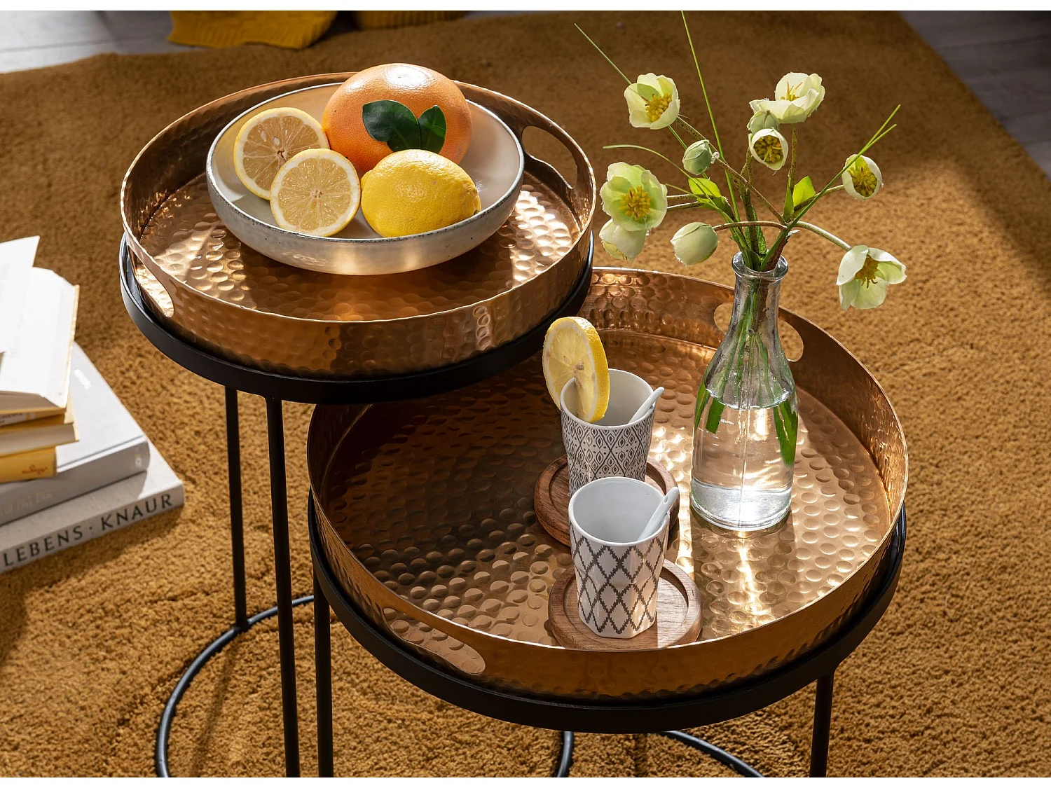 Beistelltisch 2er Set Gold / Schwarz Metall Hammerschlag Satztisch Rund, Couchtisch abnehmbares