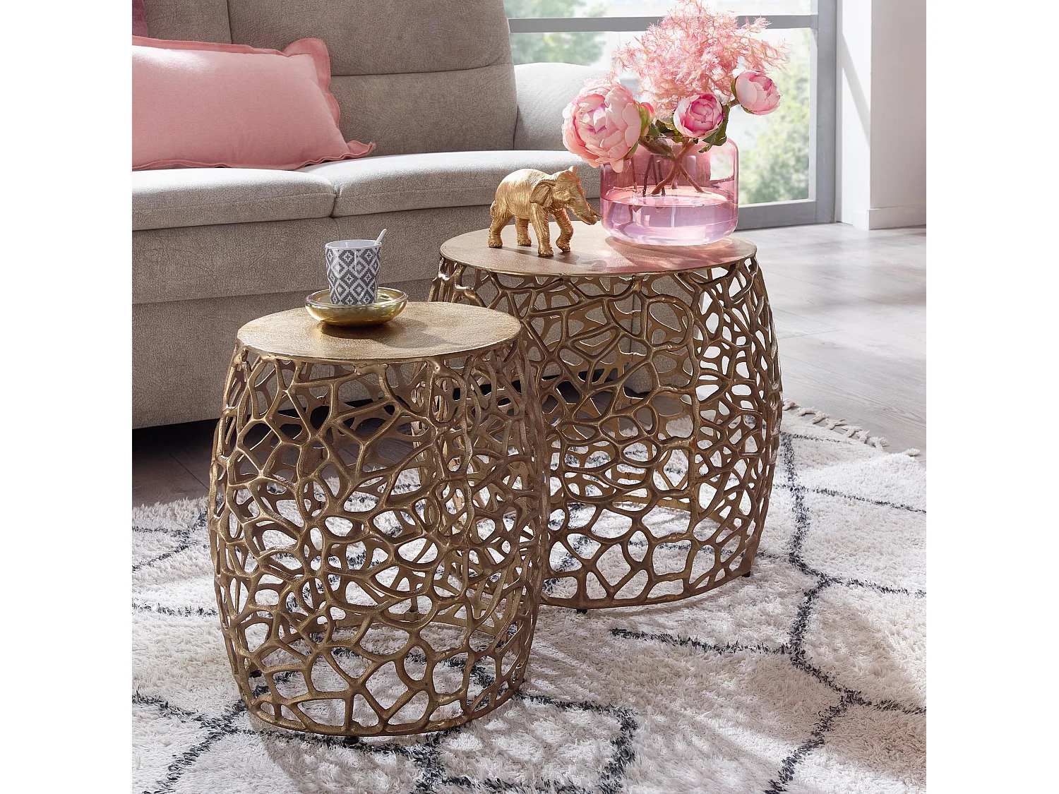 Table Gigogne Lot de 2 Aluminium Table d'appoint Or