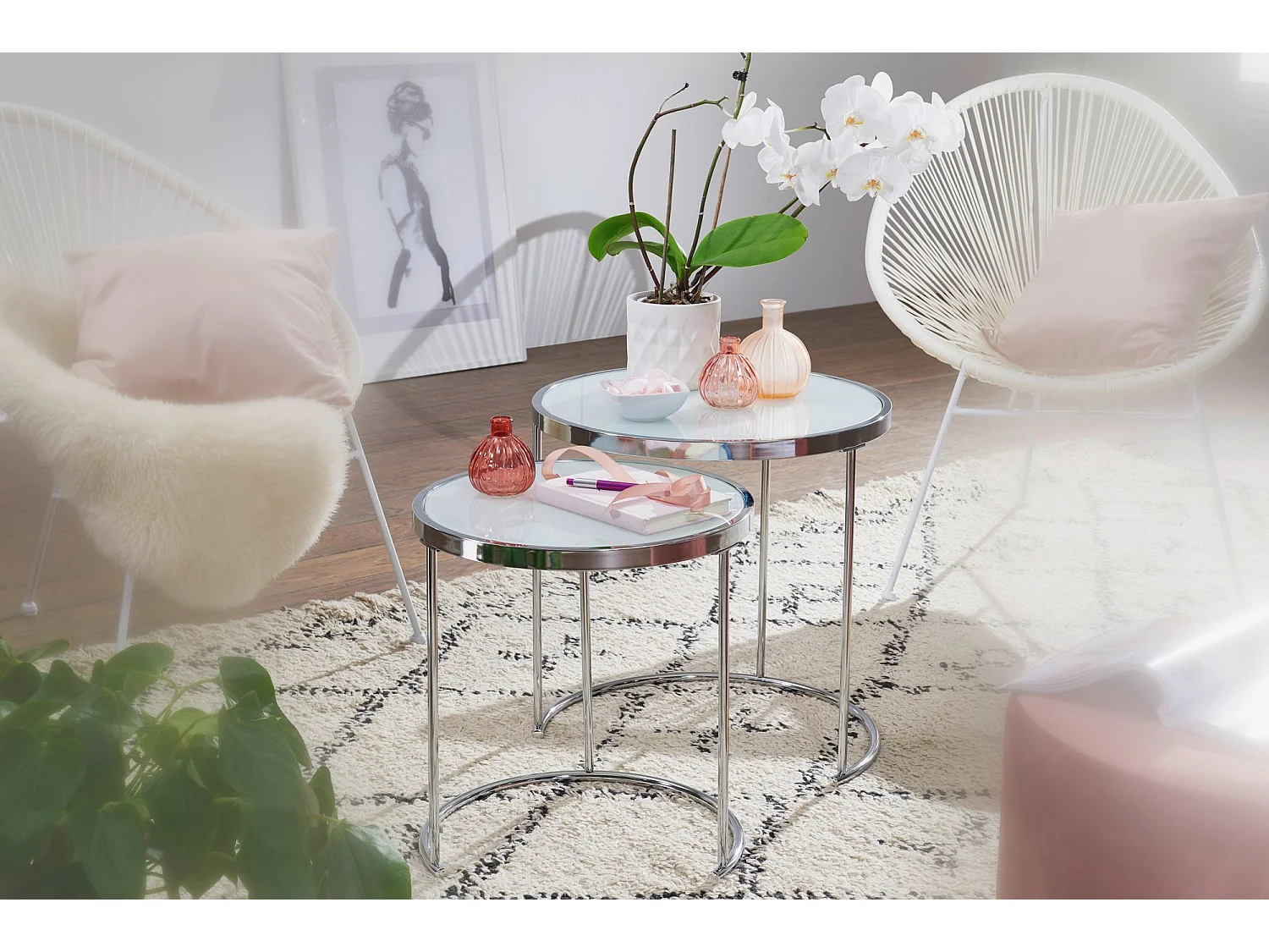 design bijzettafel rond Ø 50/42 cm - 2 stuks wit zilver met glazen blad | Salontafel set van 2 | Bijzettafel melkglas | salontafel