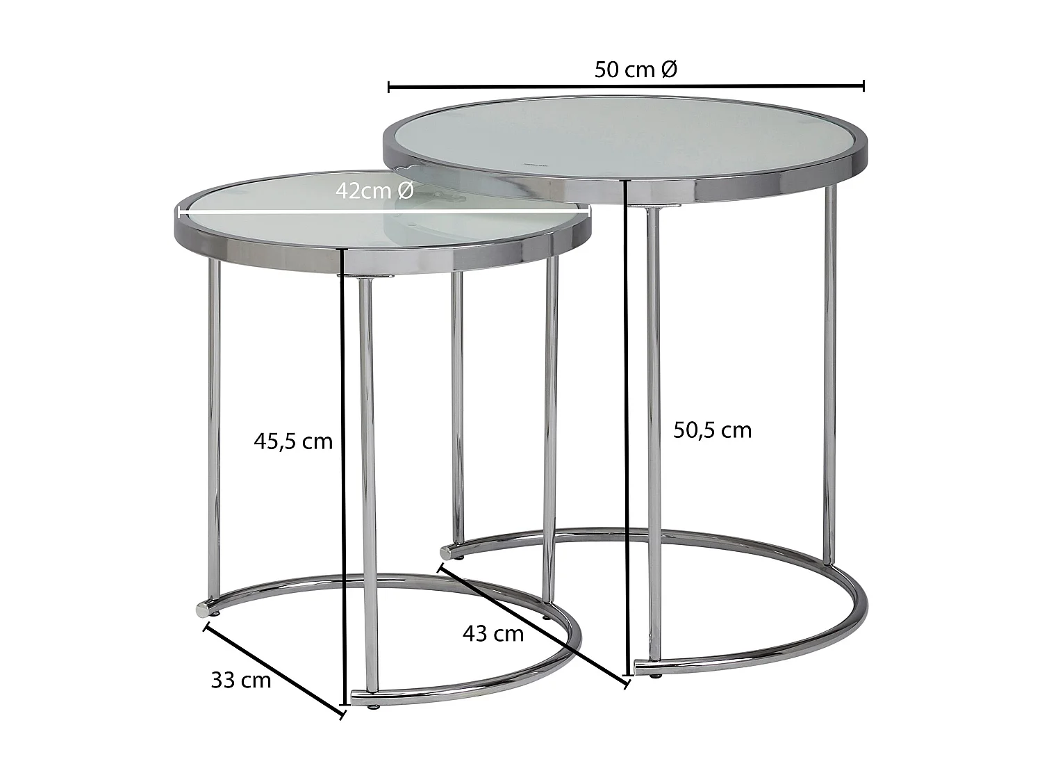 design bijzettafel rond Ø 50/42 cm - 2 stuks wit zilver met glazen blad | Salontafel set van 2 | Bijzettafel melkglas | salontafel