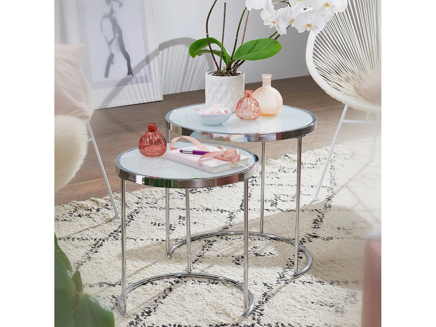 design bijzettafel rond Ø 50/42 cm - 2 stuks wit zilver met glazen blad | Salontafel set van 2 | Bijzettafel melkglas | salontafel