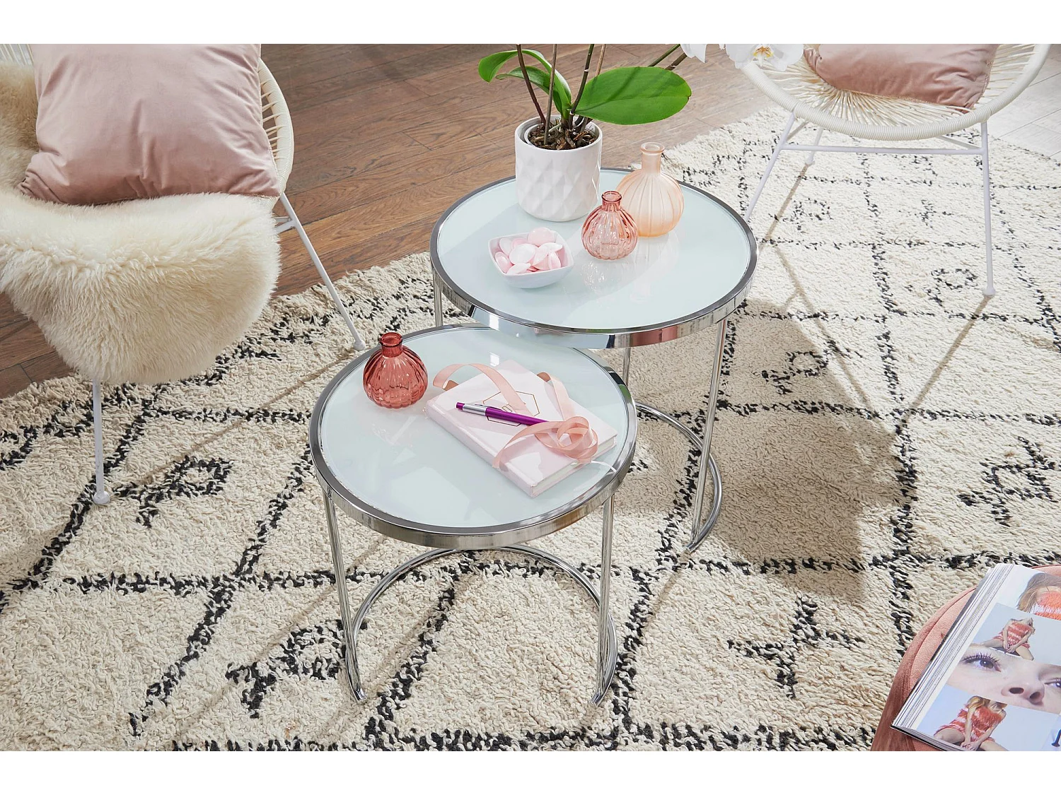 design bijzettafel rond Ø 50/42 cm - 2 stuks wit zilver met glazen blad | Salontafel set van 2 | Bijzettafel melkglas | salontafel