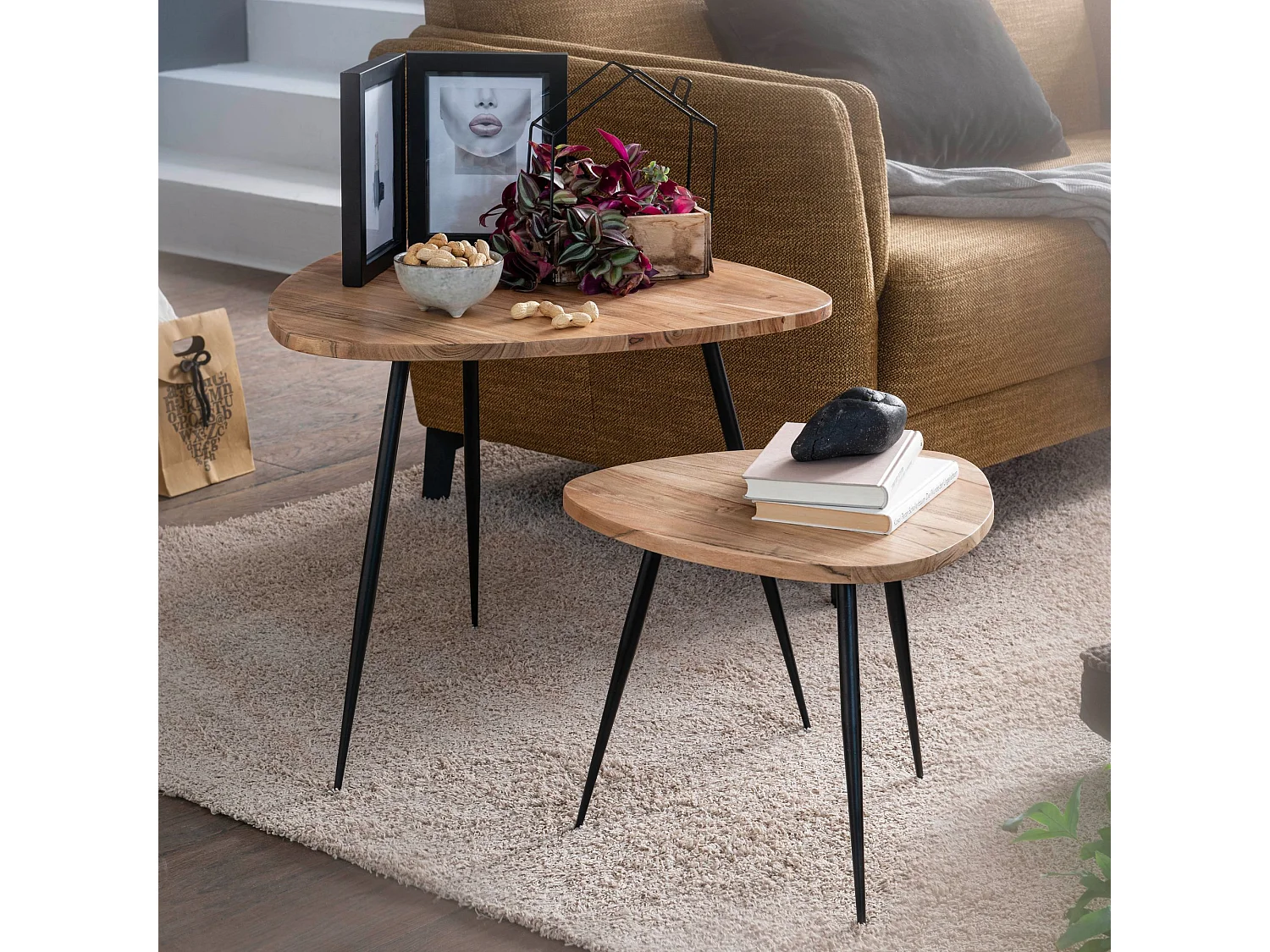 set van 2 nesttafels acacia massief houten / metalen salontafel klein | Design bijzettafel set van twee houten tafels Woonkamer tafel tafel metalen frame