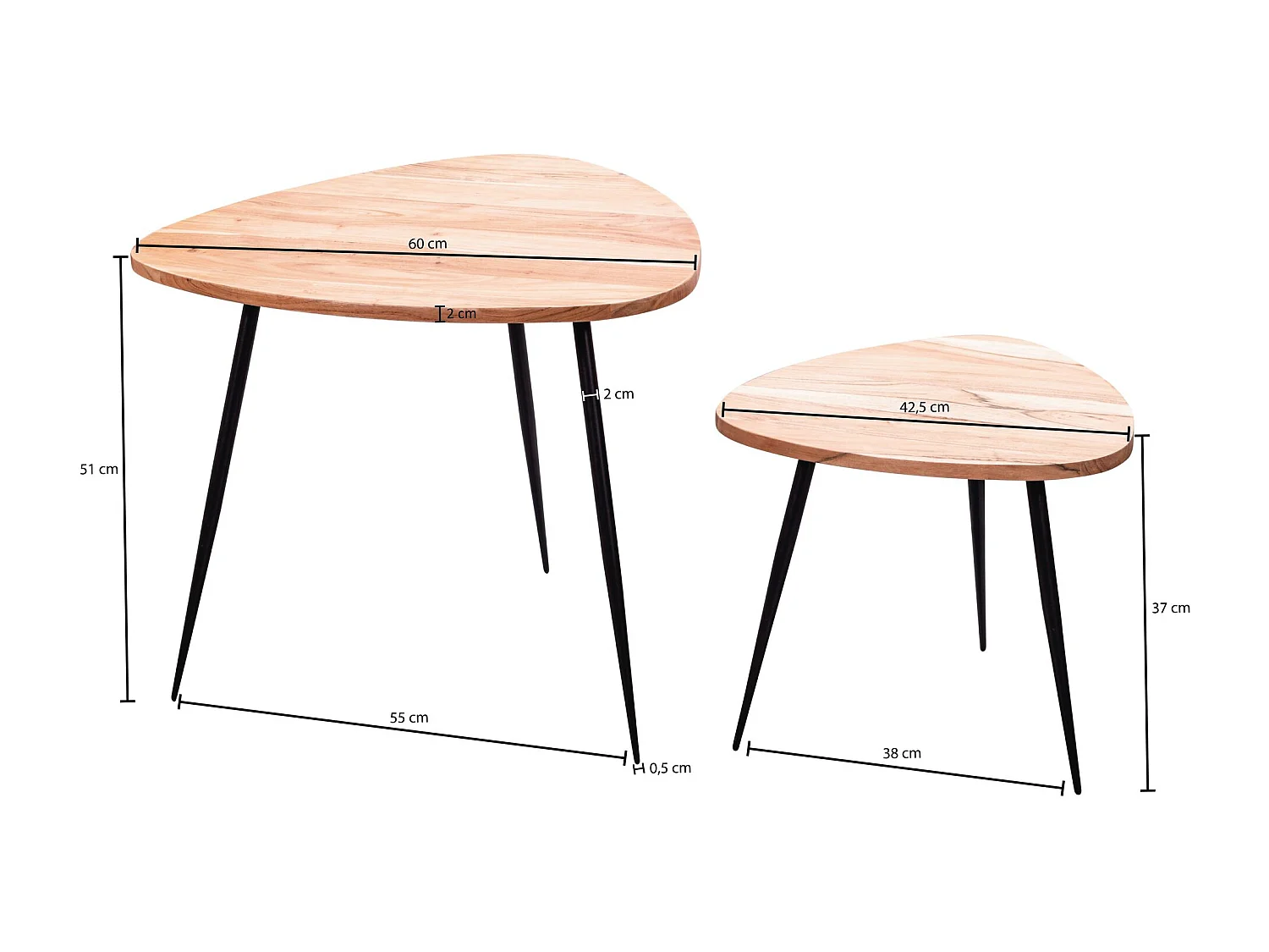 set van 2 nesttafels acacia massief houten / metalen salontafel klein | Design bijzettafel set van twee houten tafels Woonkamer tafel tafel metalen frame