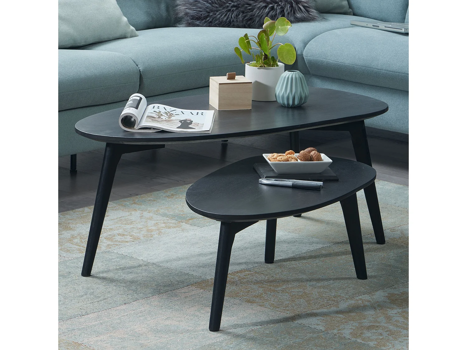 Design Couchtisch 2er Set Mango Massivholz Wohnzimmertisch Schwarz, Satztisch Holztisch Nierenform