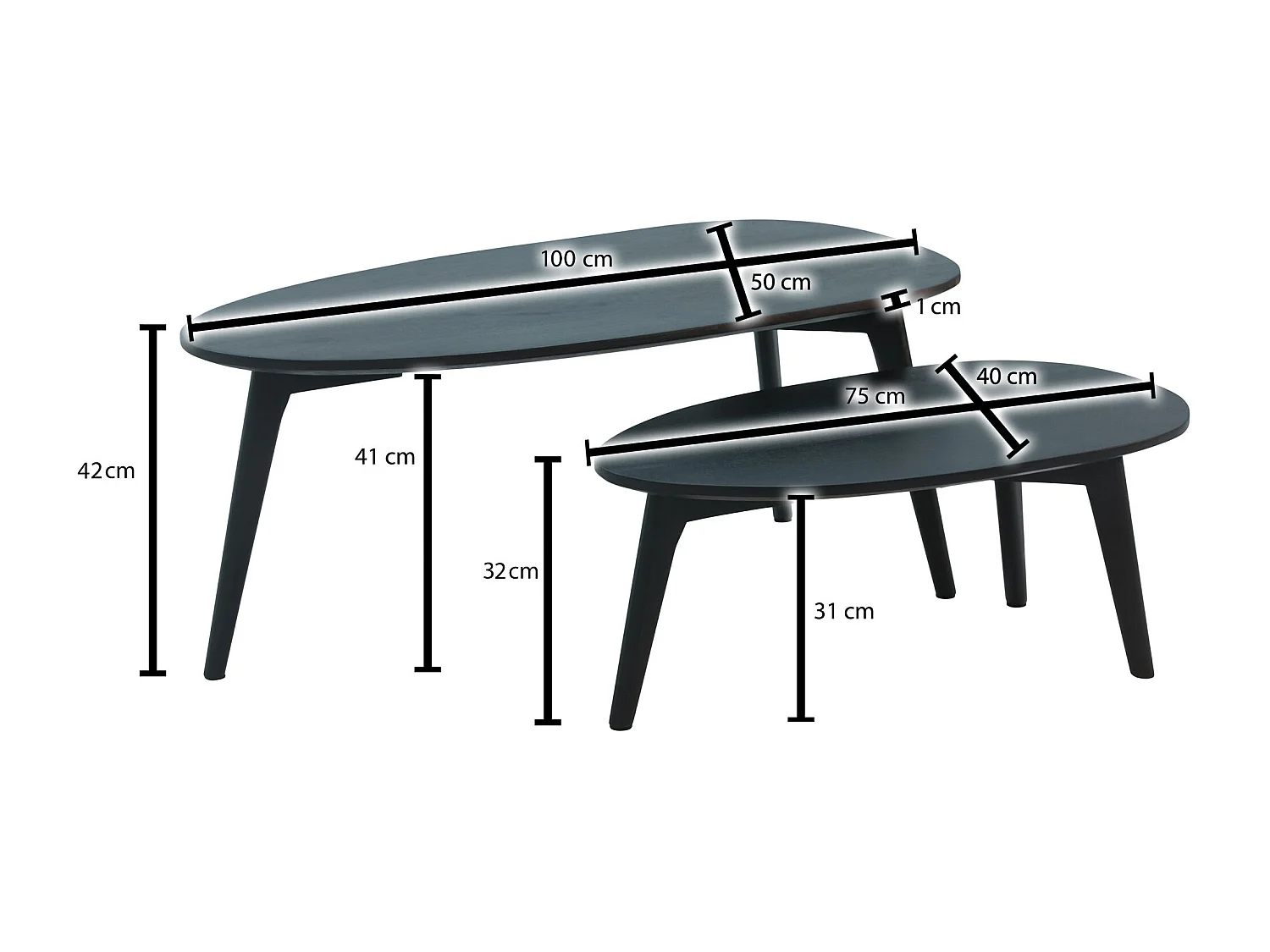 Design Couchtisch 2er Set Mango Massivholz Wohnzimmertisch Schwarz, Satztisch Holztisch Nierenform