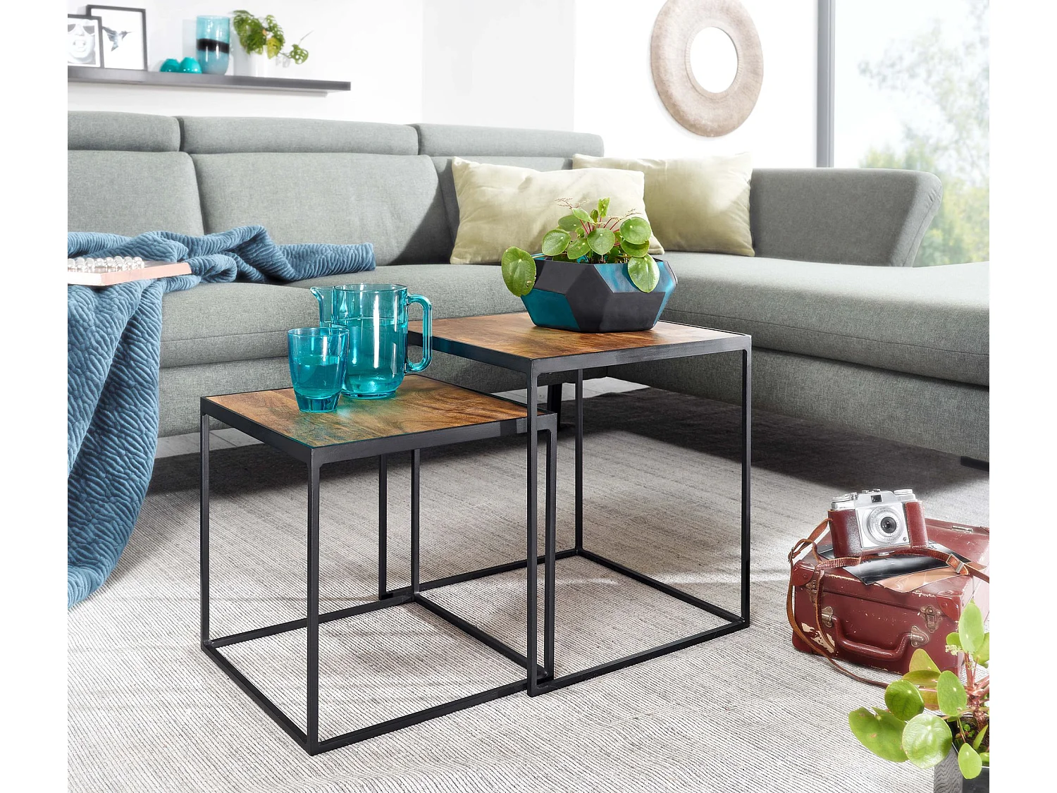 Wohnzimmertisch 2er Set Mango Massivholz / Metall Beistelltisch Eckig, Design Beistelltisch