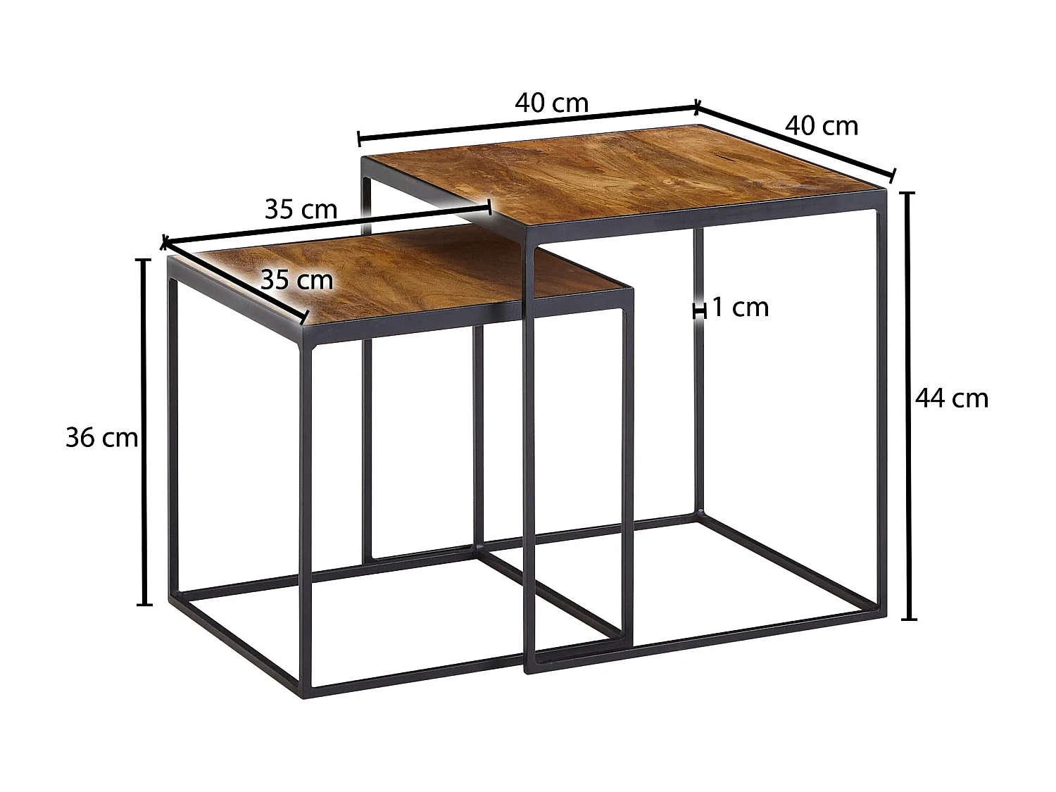 Wohnzimmertisch 2er Set Mango Massivholz / Metall Beistelltisch Eckig, Design Beistelltisch