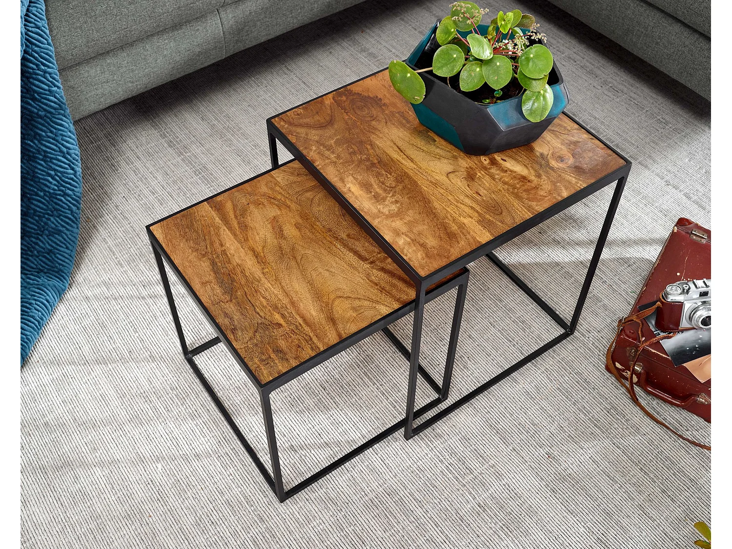 Wohnzimmertisch 2er Set Mango Massivholz / Metall Beistelltisch Eckig, Design Beistelltisch