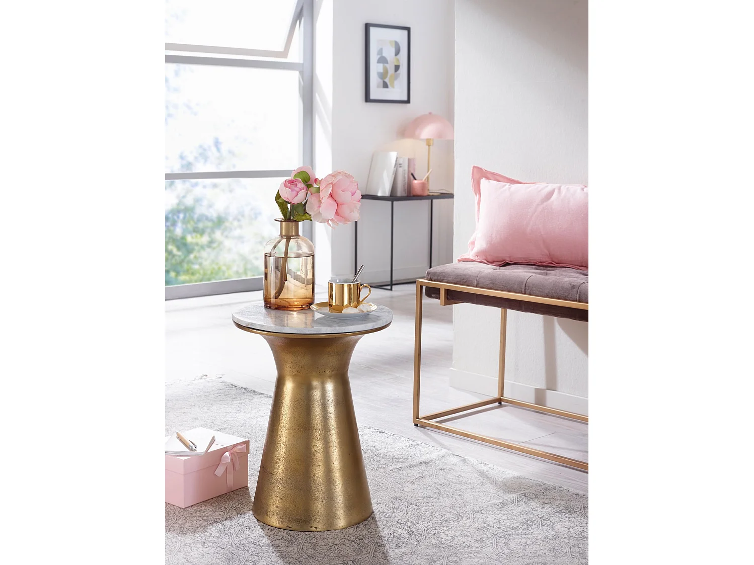 Beistelltisch Echter Marmor Weiß 35x35x45 cm Anstelltisch Metall Gold, Kleiner Sofatisch Rund,