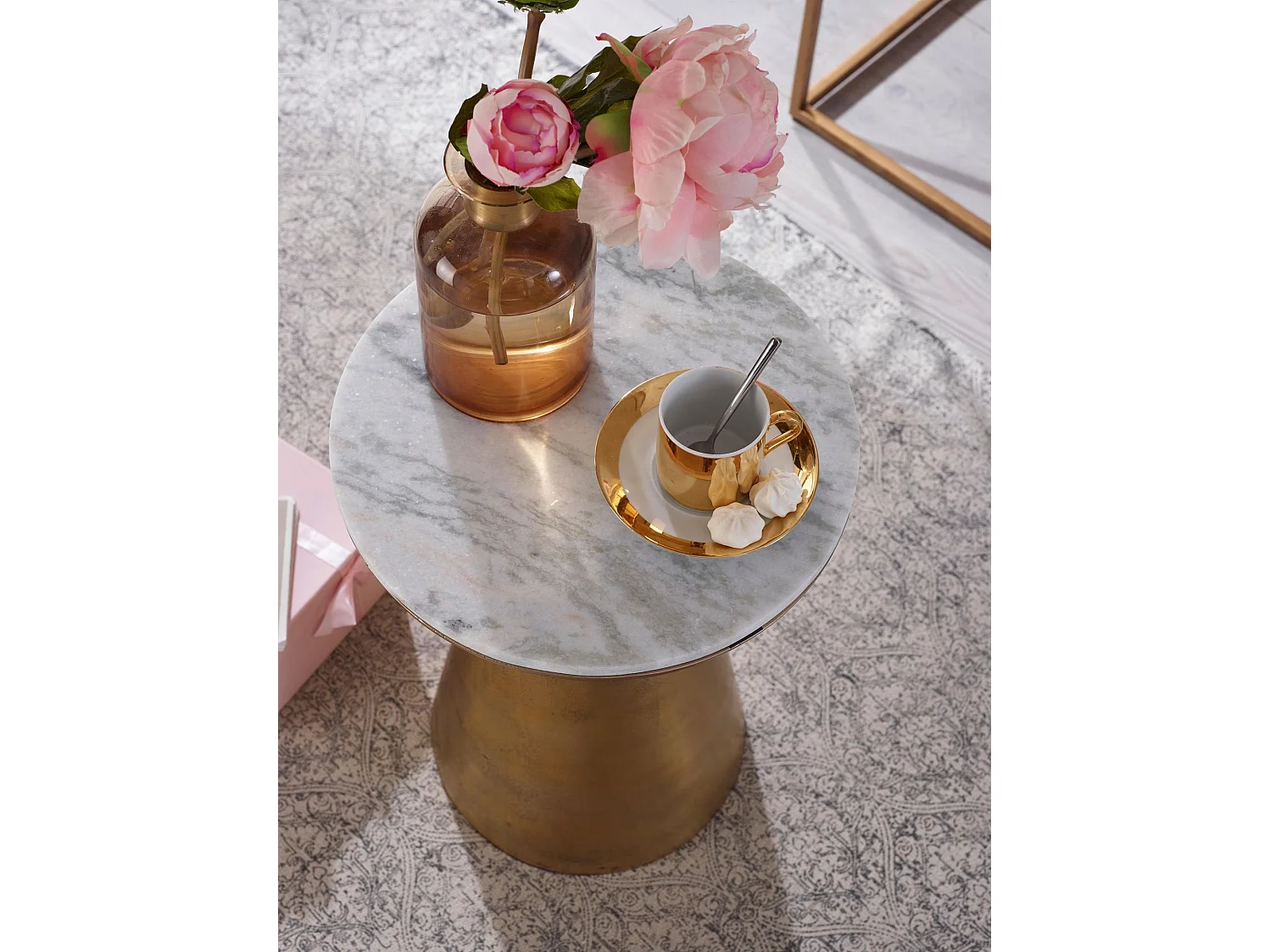 Beistelltisch Echter Marmor Weiß 35x35x45 cm Anstelltisch Metall Gold, Kleiner Sofatisch Rund,