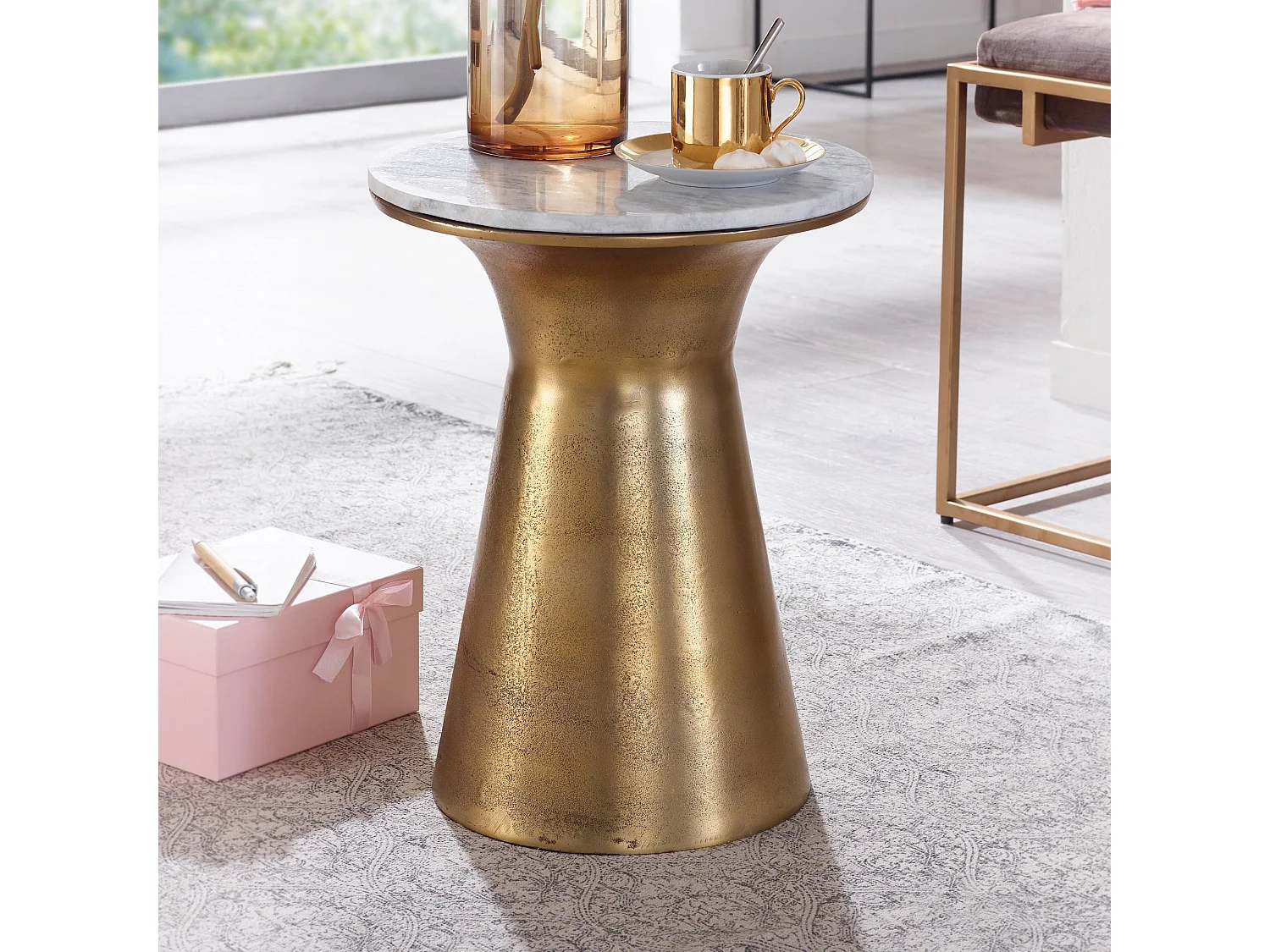 Table d'appoint de Salon 35x35x45 cm Marbre Véritable et Métal Ronde Or | Petite Table de Canapé