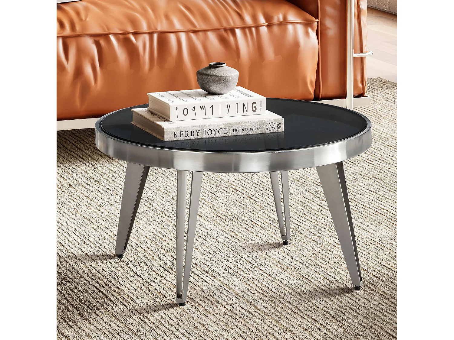 Couchtisch Glas Metall 60x60x33 cm Sofatisch Silber, Design Wohnzimmertisch Rund, Kleiner