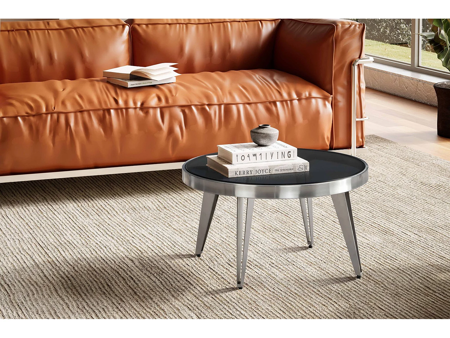 Couchtisch Glas Metall 60x60x33 cm Sofatisch Silber, Design Wohnzimmertisch Rund, Kleiner