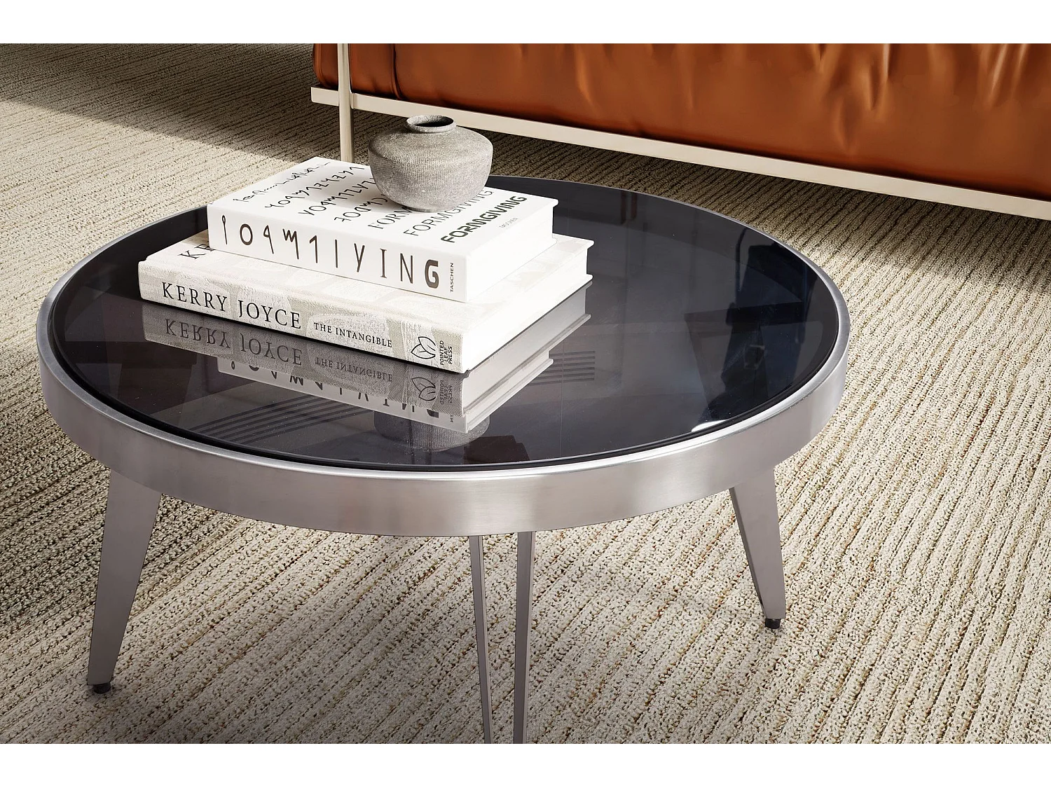 Couchtisch Glas Metall 60x60x33 cm Sofatisch Silber, Design Wohnzimmertisch Rund, Kleiner