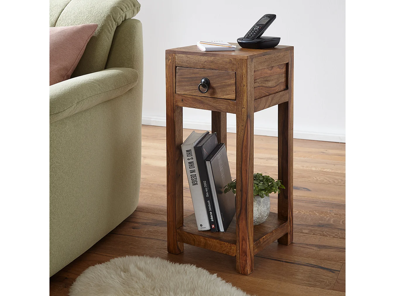 bijzettafel MUMBAI massief houten sheesham 68cm hoge woonkamertafel met lade design salontafel in landelijke stijl