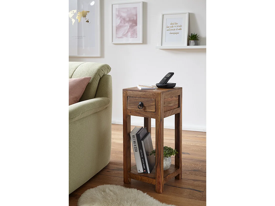 bijzettafel MUMBAI massief houten sheesham 68cm hoge woonkamertafel met lade design salontafel in landelijke stijl