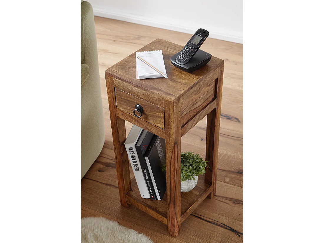 bijzettafel MUMBAI massief houten sheesham 68cm hoge woonkamertafel met lade design salontafel in landelijke stijl