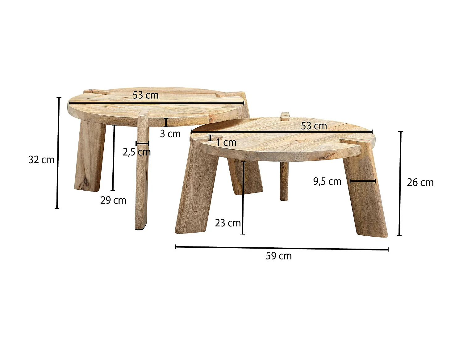 Set van 2 massief houten salontafellampen van mangohout | Bijzettafel, houten tafel, ronde bijzettafel | Placemat 2-delige salontafel hout