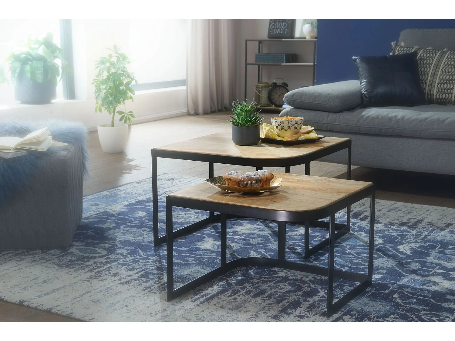 Couchtisch 2er Set Mango Massivholz / Metall Wohnzimmertisch Hell, Industrial Satztisch