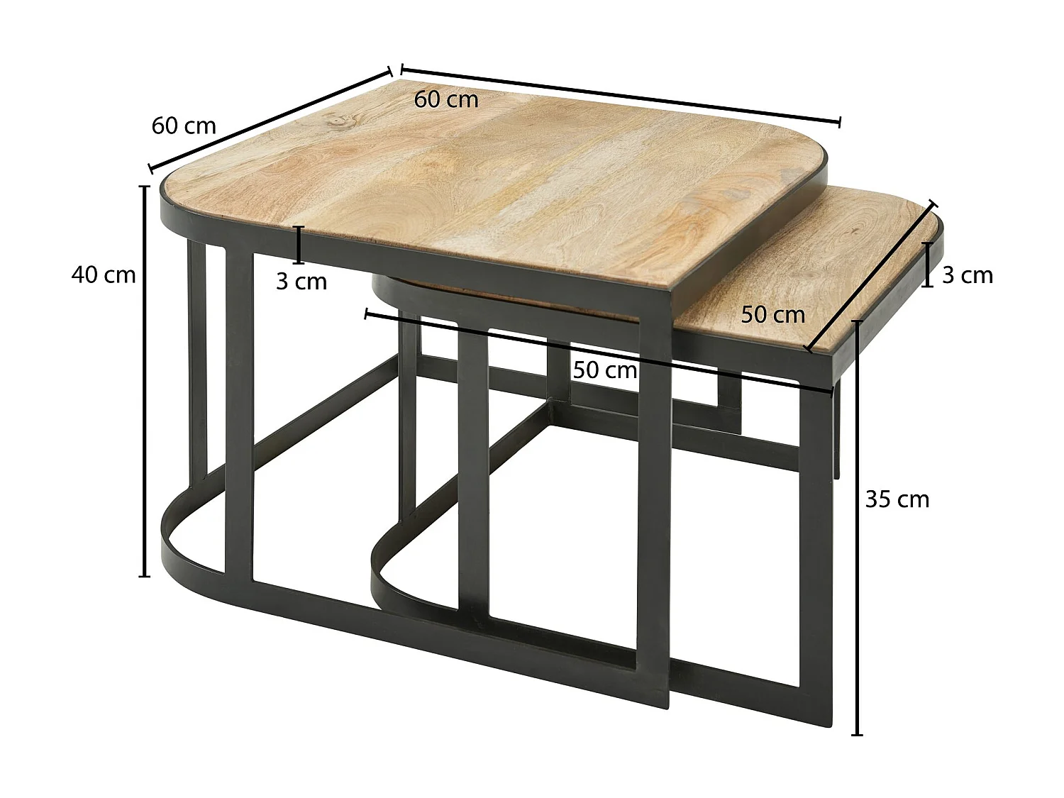 Couchtisch 2er Set Mango Massivholz / Metall Wohnzimmertisch Hell, Industrial Satztisch