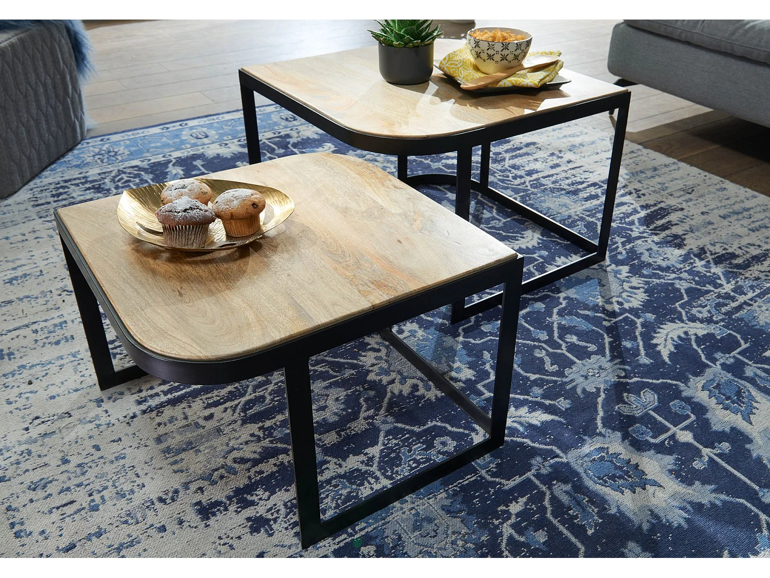 Couchtisch 2er Set Mango Massivholz / Metall Wohnzimmertisch Hell, Industrial Satztisch