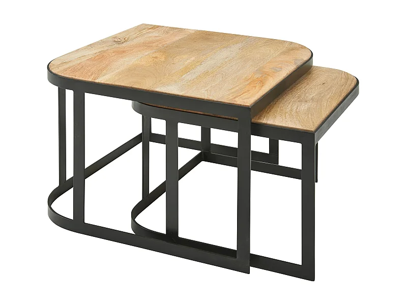 Couchtisch 2er Set Mango Massivholz / Metall Wohnzimmertisch Hell, Industrial Satztisch