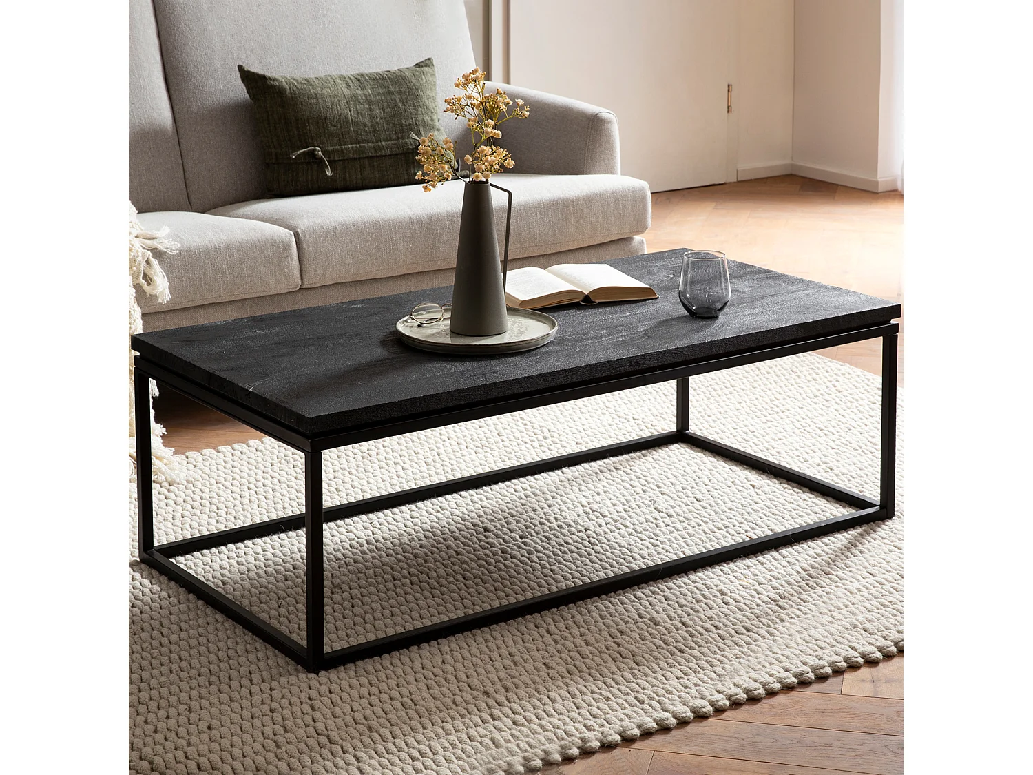 salontafel 120x60x40 cm mango massief hout / metaal zwarte salontafel rechthoekig, design woonkamertafel met natuurlijke houtnerf, salontafel woonkamer modern