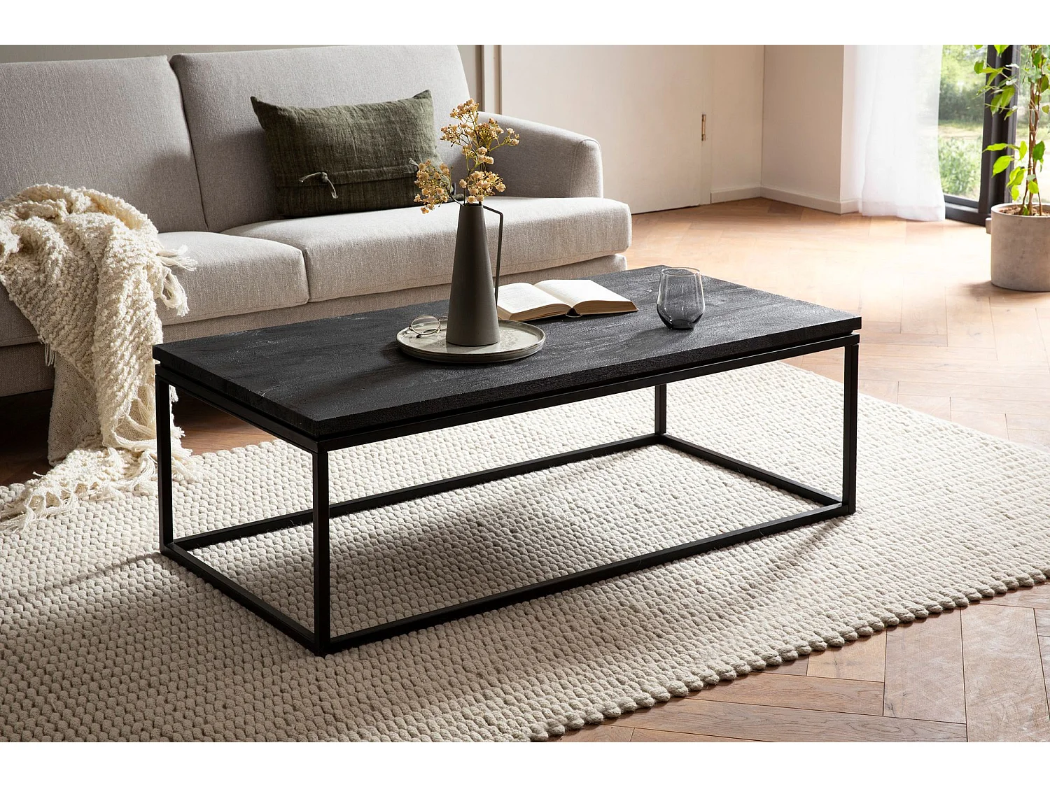 salontafel 120x60x40 cm mango massief hout / metaal zwarte salontafel rechthoekig, design woonkamertafel met natuurlijke houtnerf, salontafel woonkamer modern