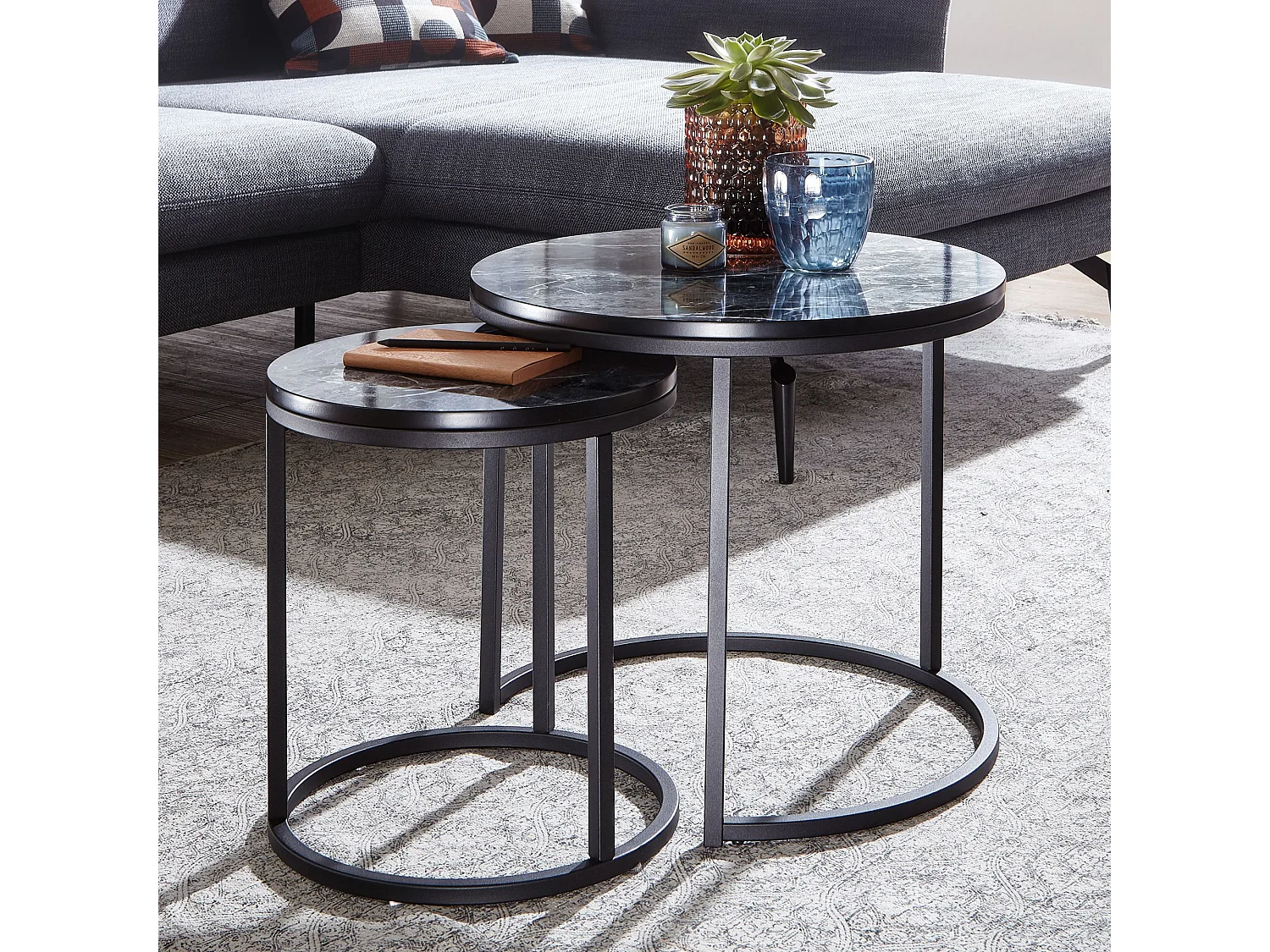 Table d'appoint design lot de 2 Noir effet marbre Rond,