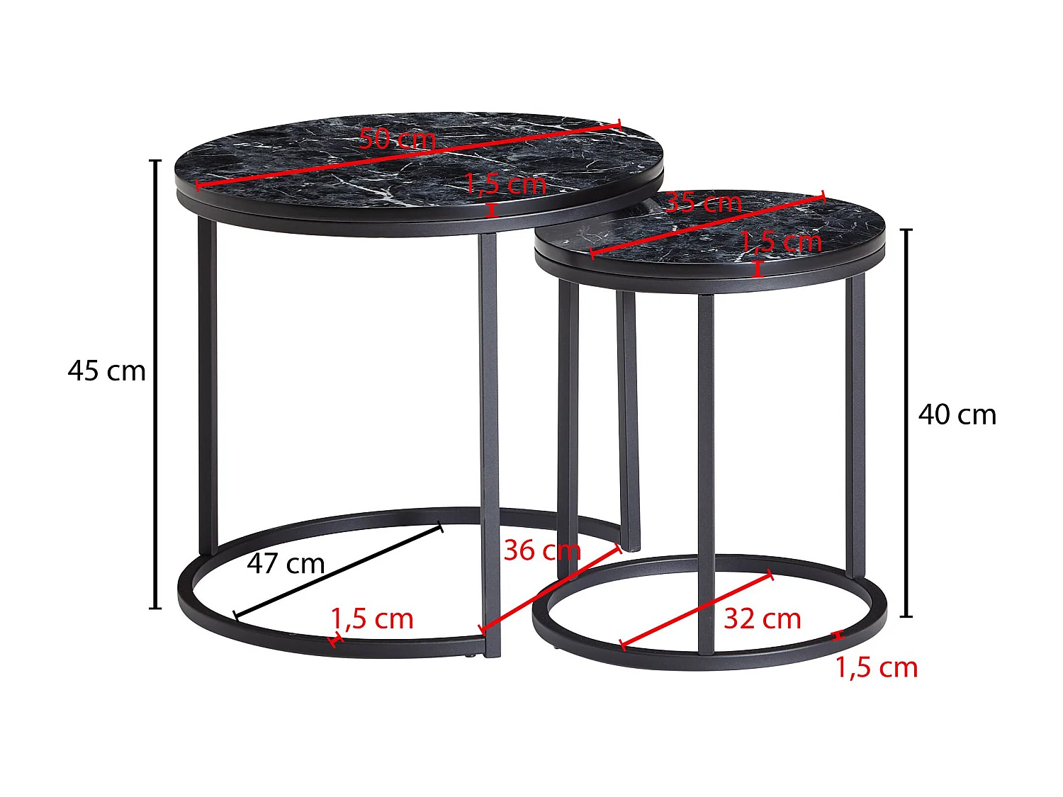 Table d'appoint design lot de 2 Noir effet marbre Rond,