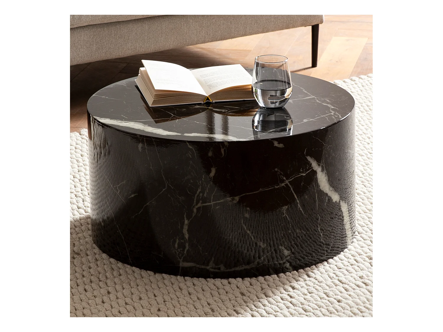 Table Basse de Salon MONOBLOC Aspect Marbre Noir 60x60x30 cm Ronde, Petite Table de Canapé