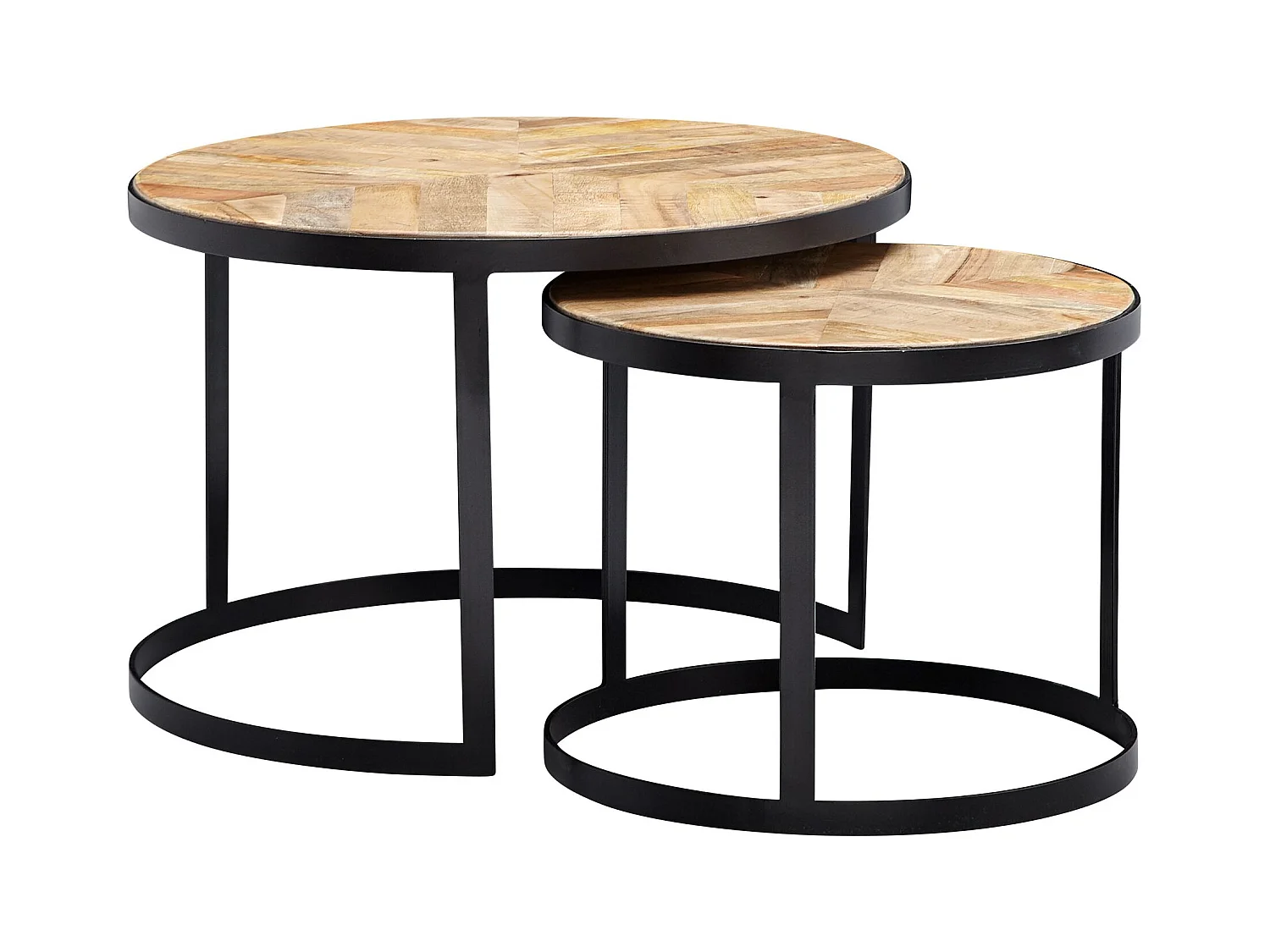 salontafel set van 2 massief houten / metalen salontafel industrieel rond | Bijzettafel met metalen poten zwart | 2-delige placemat bijzettafel van hout