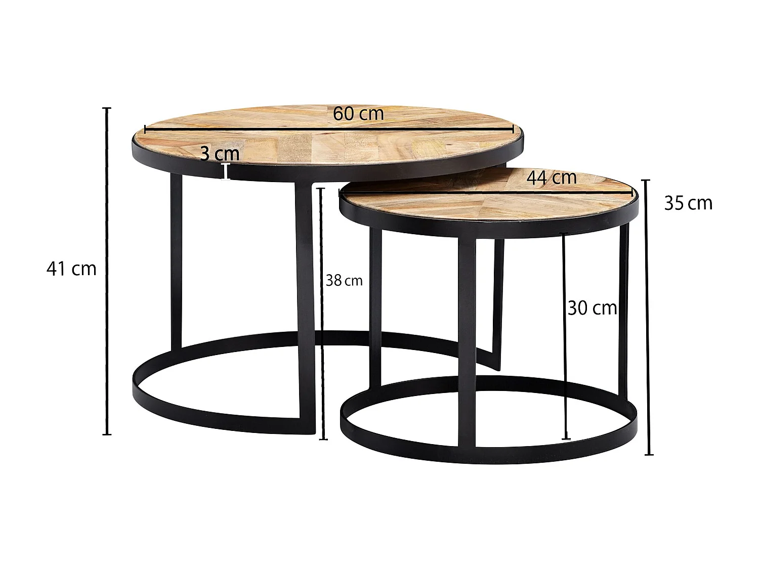 salontafel set van 2 massief houten / metalen salontafel industrieel rond | Bijzettafel met metalen poten zwart | 2-delige placemat bijzettafel van hout
