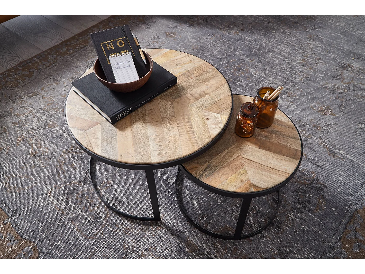 table basse set de 2 table de salon en bois massif / métal rond industriel | Table d'appoint avec