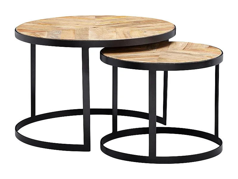 table basse set de 2 table de salon en bois massif / métal rond industriel | Table d'appoint avec