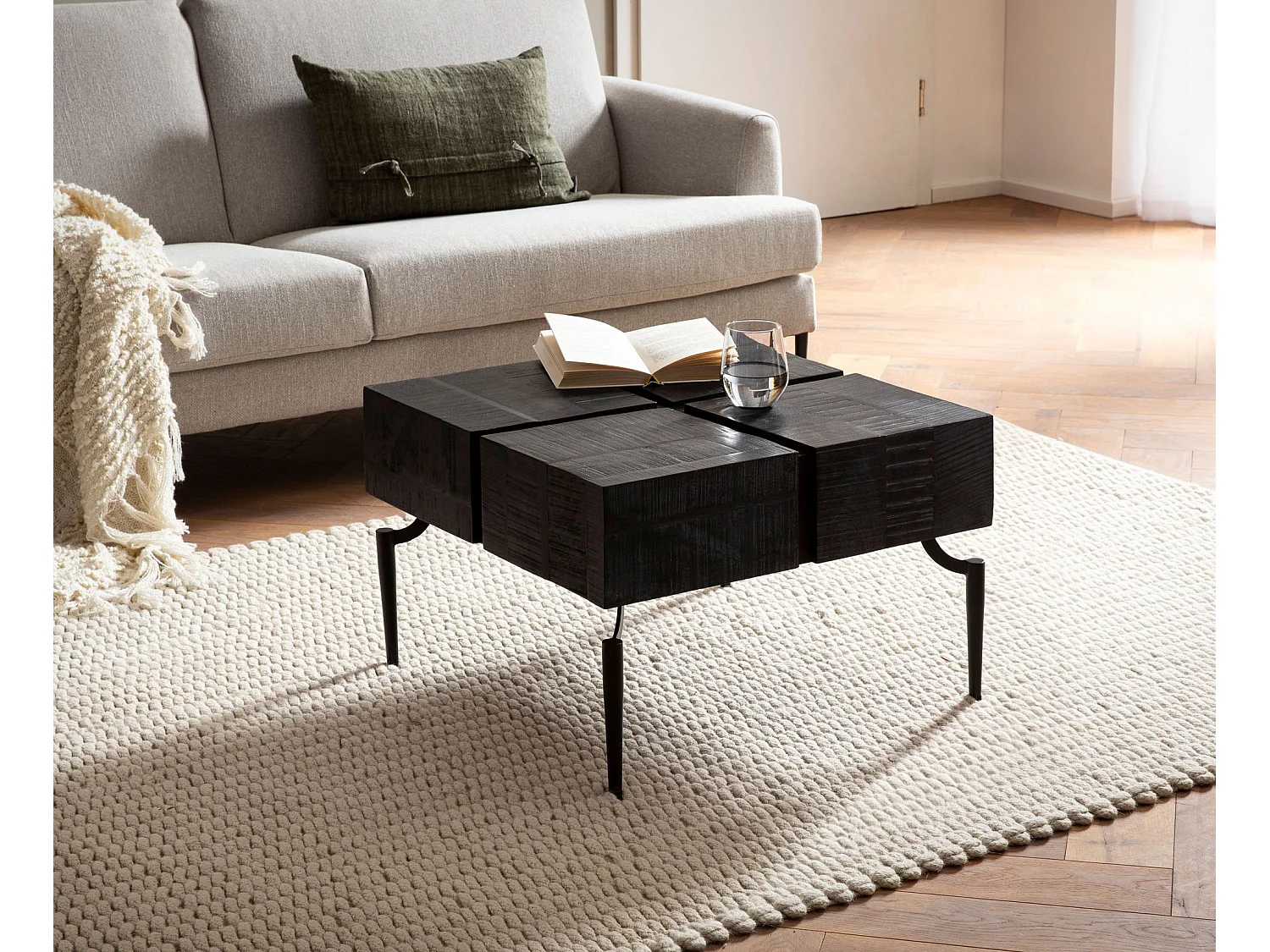 Couchtisch Mango Massivholz 60x60x40 cm Quadratisch mit Metallgestell, Kleiner Sofatisch