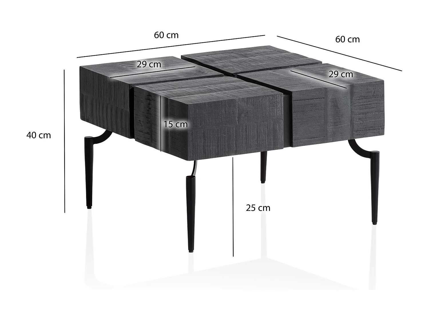 Couchtisch Mango Massivholz 60x60x40 cm Quadratisch mit Metallgestell, Kleiner Sofatisch