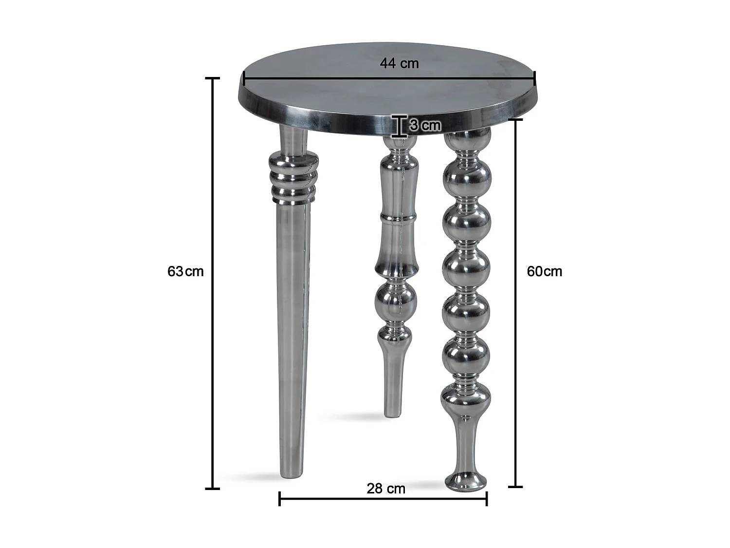 table d'appoint 44x44x63 cm en aluminium avec trois pieds différents | Table de salon tripode en