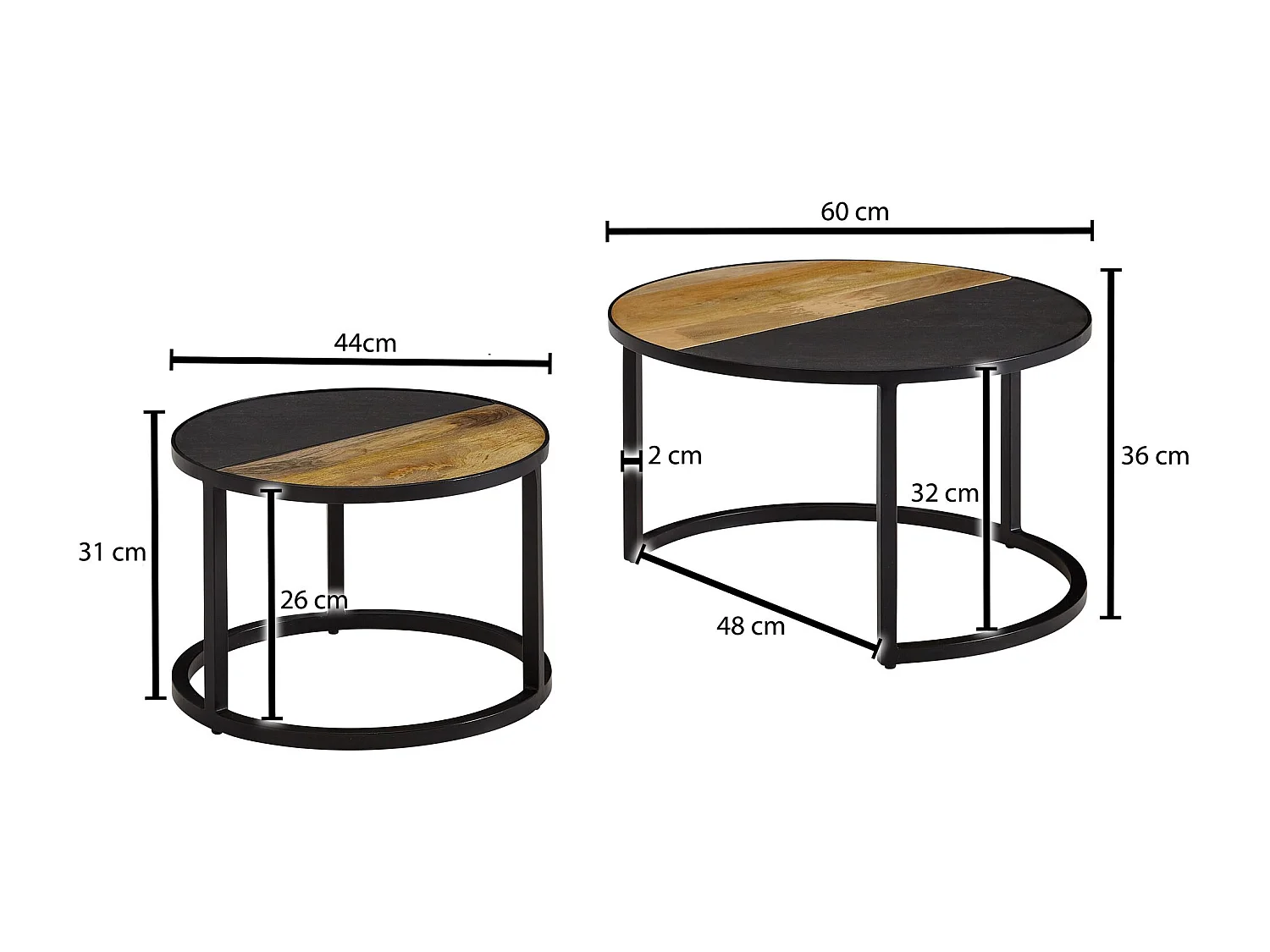 salontafel set van 2 massief mangohout / steenlook salontafel rond modern | Design bijzettafel 2 delig | Ronde salontafels | Houten tafel metalen bijzettafels