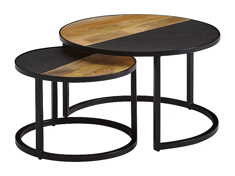 salontafel set van 2 massief mangohout / steenlook salontafel rond modern | Design bijzettafel 2 delig | Ronde salontafels | Houten tafel metalen bijzettafels