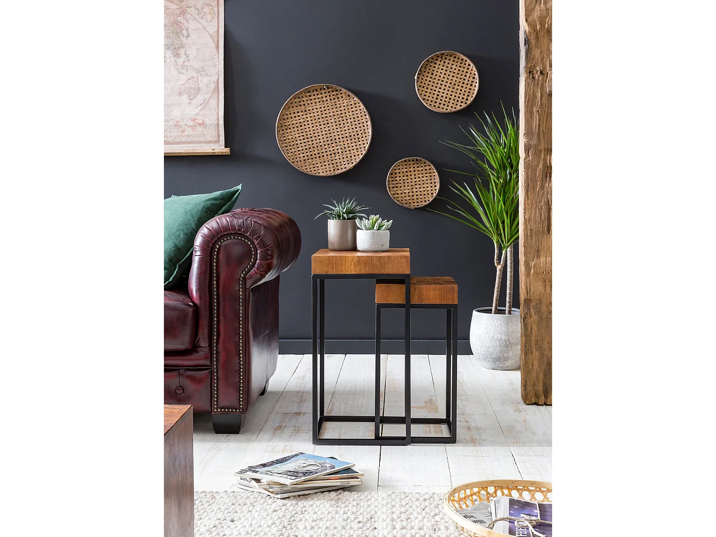 Design bijzettafel WL5.661 Sheesham metalen bijzettafelset, 2 klein | Salontafel Set 2 Houten Tafels | Metalen frame van massief houten salontafel | Salontafel