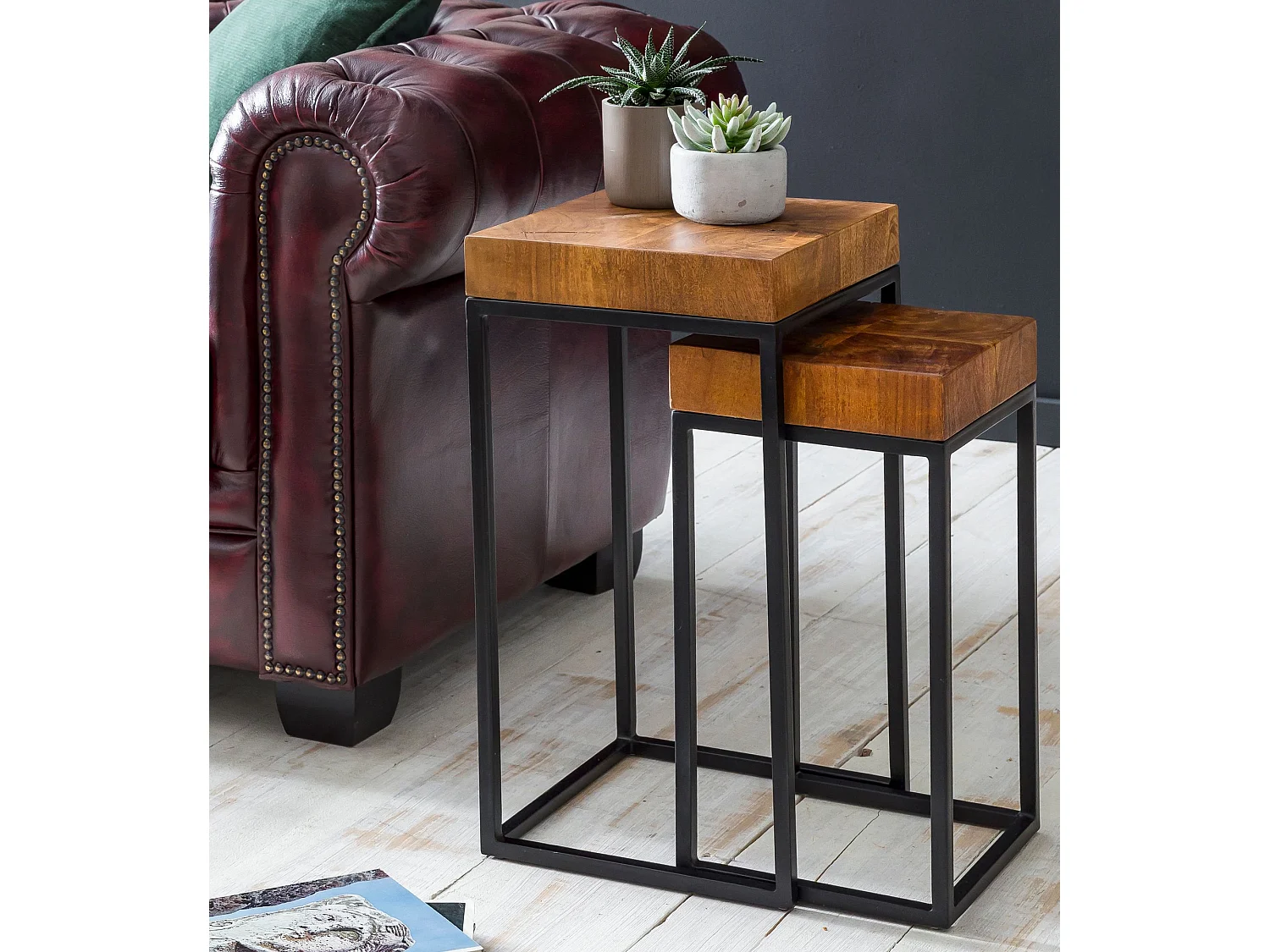 Table gigogne design WL5.660 Ensemble de 2 tables d'appoint en métal sheesham, petit | Table Basse