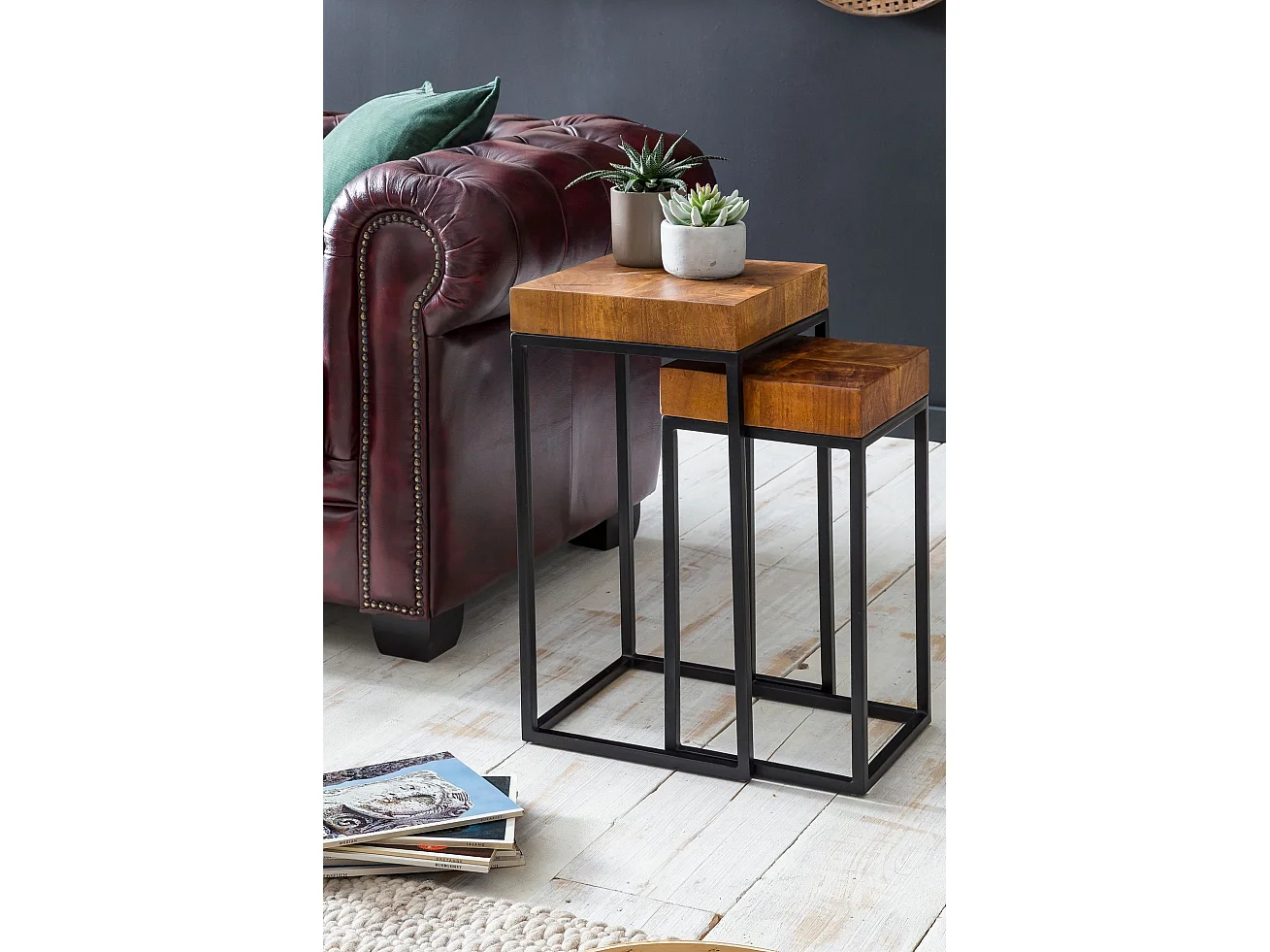 Table gigogne design WL5.660 Ensemble de 2 tables d'appoint en métal sheesham, petit | Table Basse